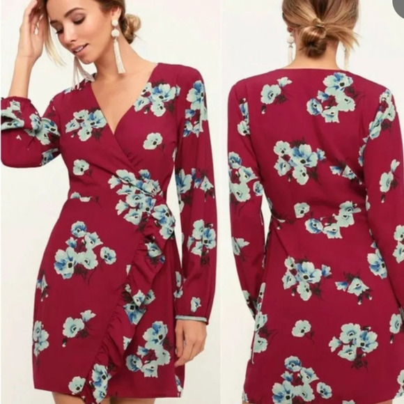 LULUS FASCINATING FUN BURGUNDY FLORAL WRAP DRESS - Picture 1 of 4